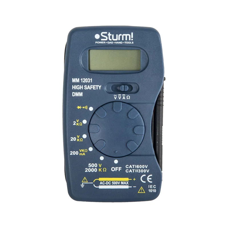 Мультитестер Sturm! MM12031 (Измерение постоянного напряжения 0-600 В, измерение постоянного тока 0-400 мА, измерение переменного напряжения 0-500 В, диапазон сопротивления 2 кОм-40 мОм, LCD-дисплей)