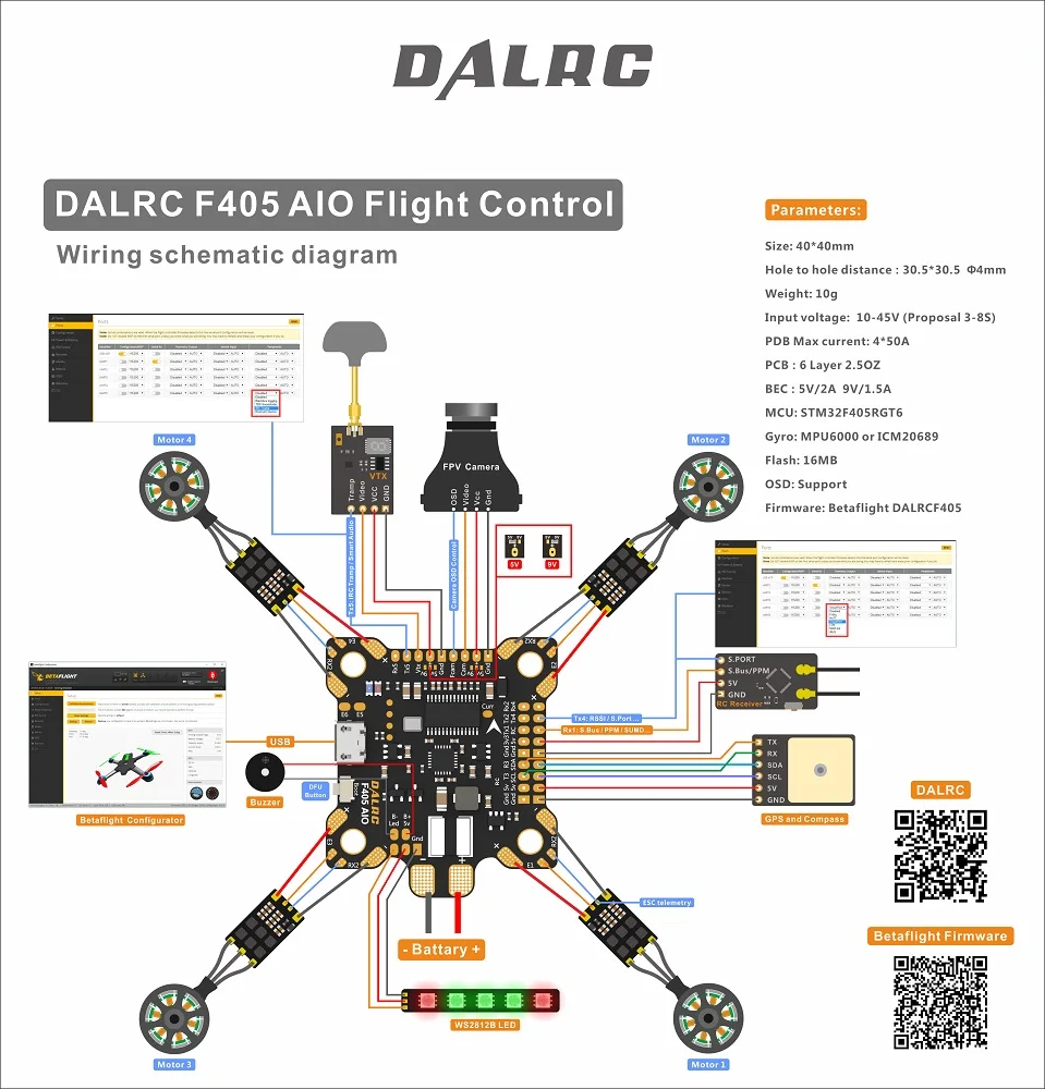 Управление полетом DALRC F405 AIO ler MCU STM32F405RGT6 MPU6000 Gyro F4 управление Встроенный OSD BEC 9 В/3A