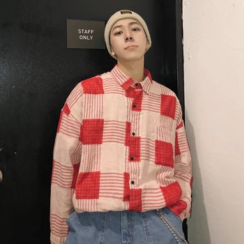 

2018 Korean Autumn Men's High Street Fashion Tide Lattice Printing Loose Casual Black/Red Color Cotton Long Sleeves Shirts M-XL