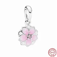 925 стерлингового серебра бледно-вишневая эмаль розовый CZ цветение магнолии Висячие бусины DIY Fit PANDORA Подвески для женщин Изготовление ювелирных изделий FL518