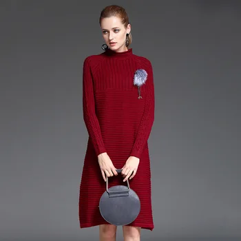 

2018 Autumn Winte Midi Pattern Solid Color Jacquard Weave Sweater Dress Women Long Sleeve Stripe All Matched Jumper Knitwear
