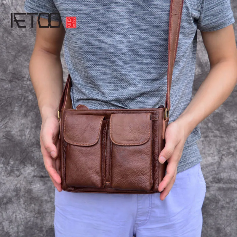 AETOO оригинальные Ретро мужские кожаные сумки ручной работы из замши на плечах диагональная сумка-мессенджер повседневная мужская сумка