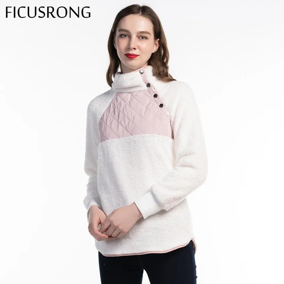 

FICUSRONG New Women 2019 Hoodies Sweatshirt Spring Autumn Causal Plush Oblique Collar Patchwork Button Coat Female Pullovers