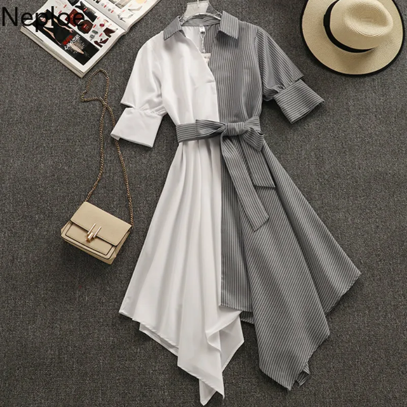 

Neploe Contrast Color Retro Dress Women Striped Turn-Down Collar Vestidos French Patchwork Slim Waist Cotton Dresses 43795