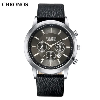 CHRONOS Men Wrist Watch Leather Strap Quartz Watches Men's Business Watch Male Date Clock Black Alloy Sport Men's Watch va va voom men s watch date clock sport quartz watches for male sport waterproof wristwatch silica gel strap watch montre homme