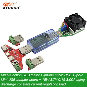 

ATORCH USB tester DC Digital voltmeter + iphone micro USB Type-c Mini adapter board + usb load DC electronic discharge resistor