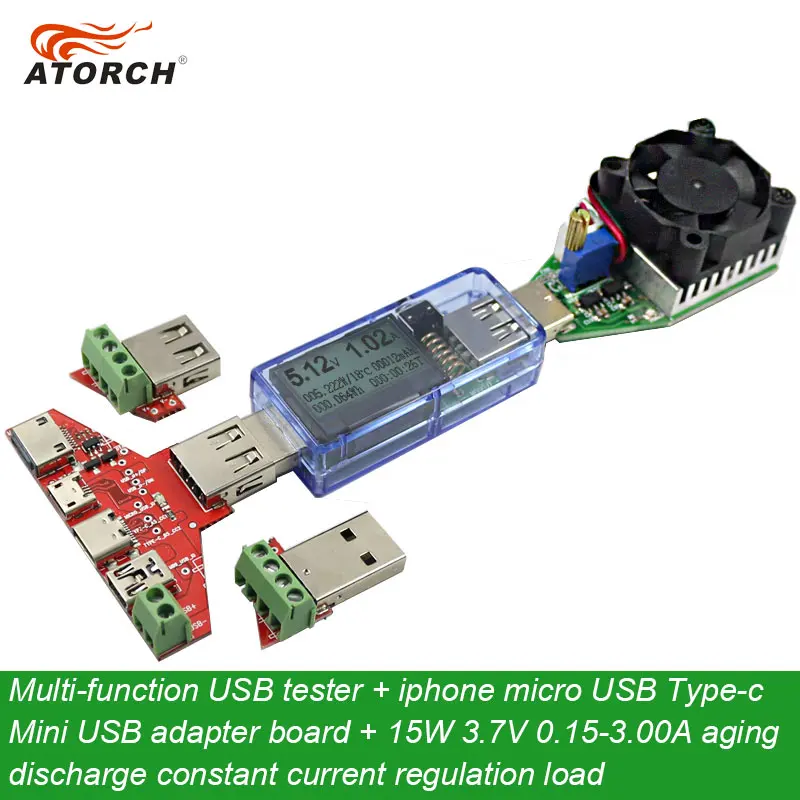 Kopen ATORCH USB tester DC Digitale voltmeter + iphone micro USB Type c Mini adapter board + usb load DC elektronische ontlading weerstand