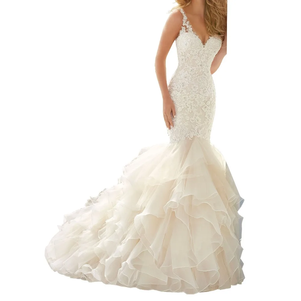 Elegant Illusion Back Wedding Dress Ruffles Appliques Mermaid Bridal