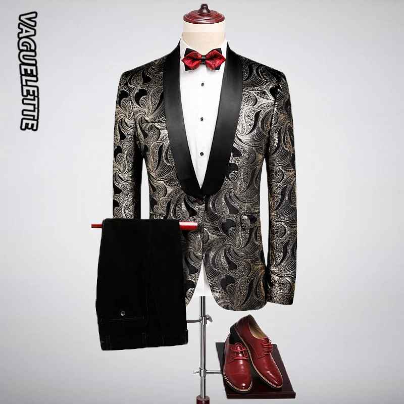

VAGUELETTE Elegant Silvery Pattern Tuxedos For Men Slim Fit Night Club Party Stage Wear Shawl Collar Wedding Suit Men M-5XL