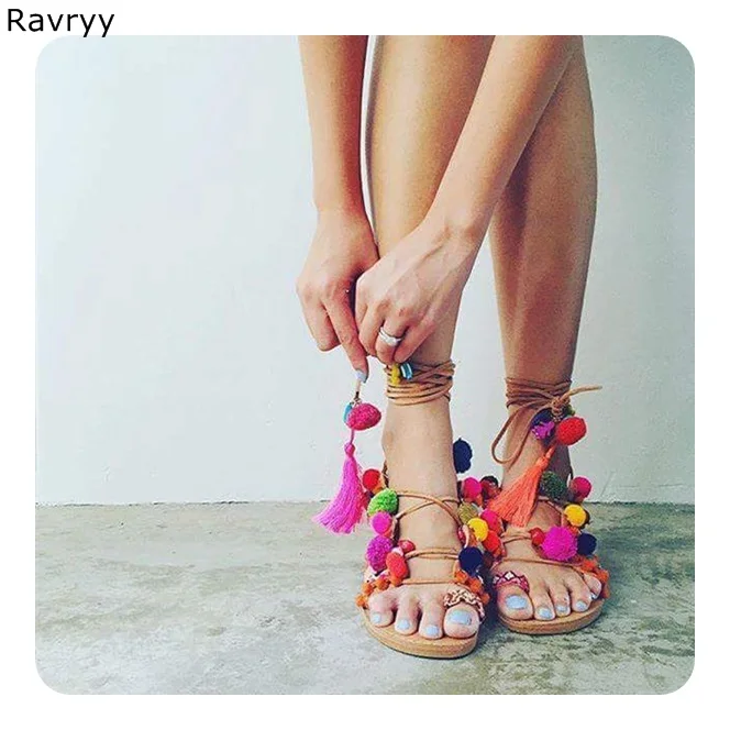 

Colorful pompon lace up woman sandals flats Summer hot fashion ankle strap mixed color bohemian casual shoes female beach shoes