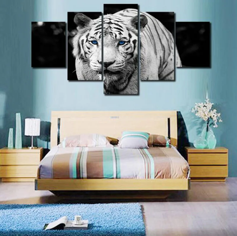 Современные HD с принтами животных Белый Тигр Печать 5 шт. холст Картины для Гостиная некадрированным абстрактная живопись маслом