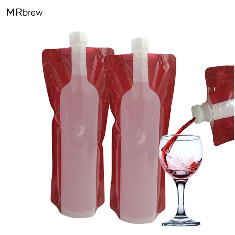 6 Pieces Foldable Plastic Wine Bag Wine Travel Pouch Wine Bottle Pouch Plastic Wine Flask with Bottle Opener for Wine Liquor Juice Coffee