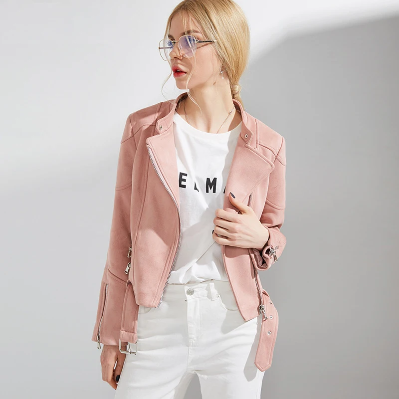 MLinina Women Leather Jacket Zipper Moto Biker Short Faux Soft Suede Leather Jackets Woman Female Turn-down Collar 2018 New Coat