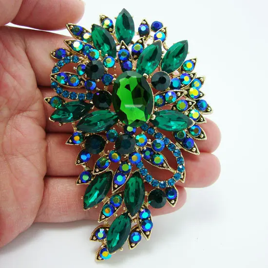 

Fashion Flower Art Deco Oval Floral Brooch Pin Green Rhinestone Crystal Pendant
