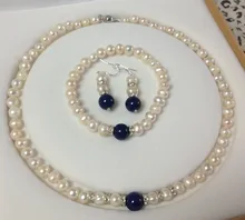 2014 nueva moda encantadora envío libre 7-8 MM Blanco Perlas Cultivadas de akoya/Lapis Lazuli collar pulseras pendientes conjunto BV61
