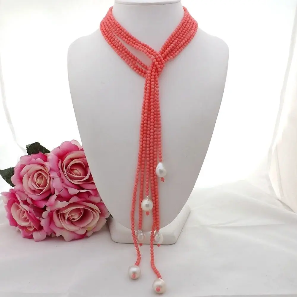 

GE090601 50'' 3Strands White Keshi Pearl Pink Coral Necklace