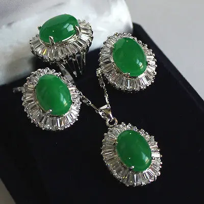 

Women's Wedding wonderful lady's 10-14mm green stone beads ring#7/8/9 pendant & earring set real silver mujer fine quality