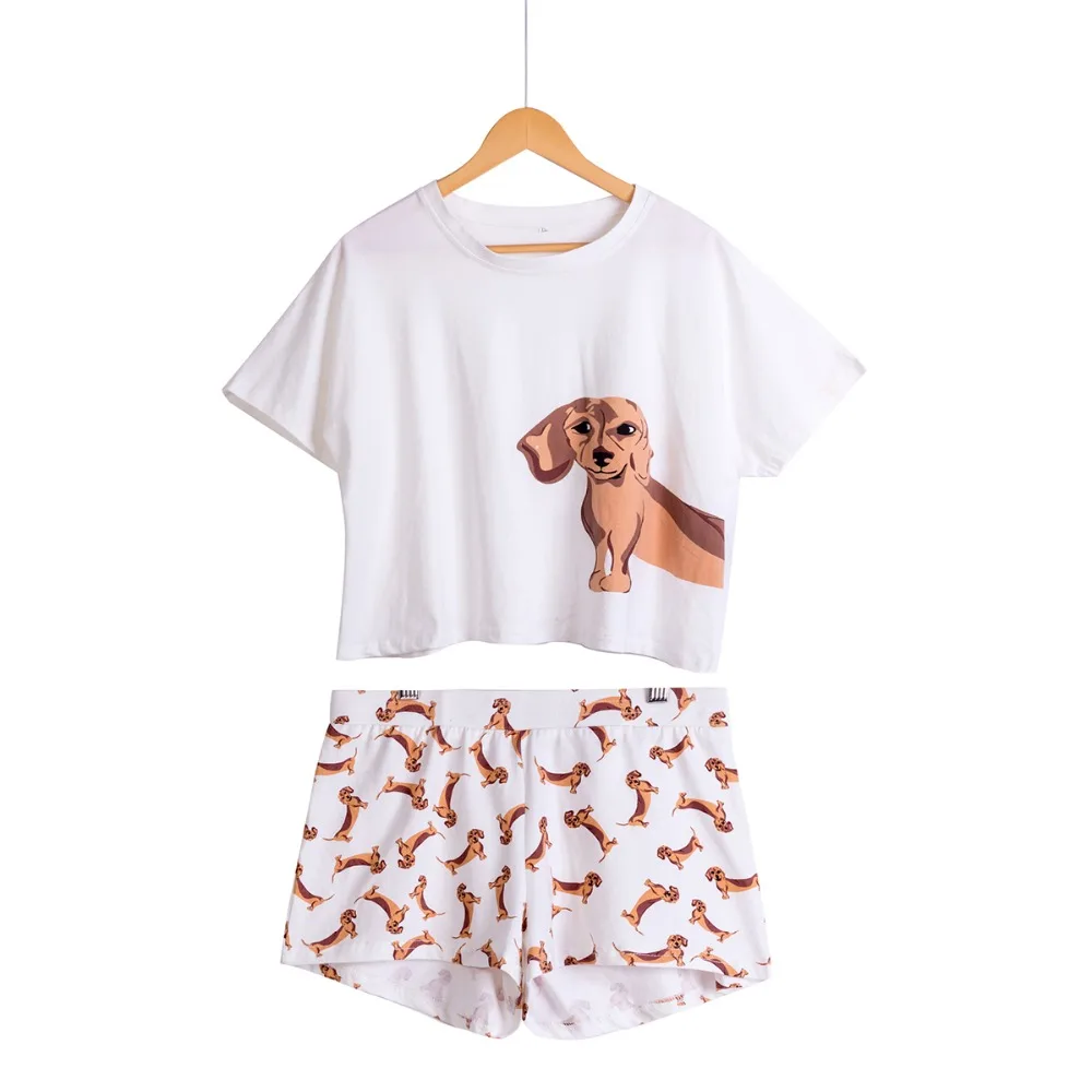 Cute Women Pajamas Nightwear Dachshund Print Dog 2 Pieces Set Short ...