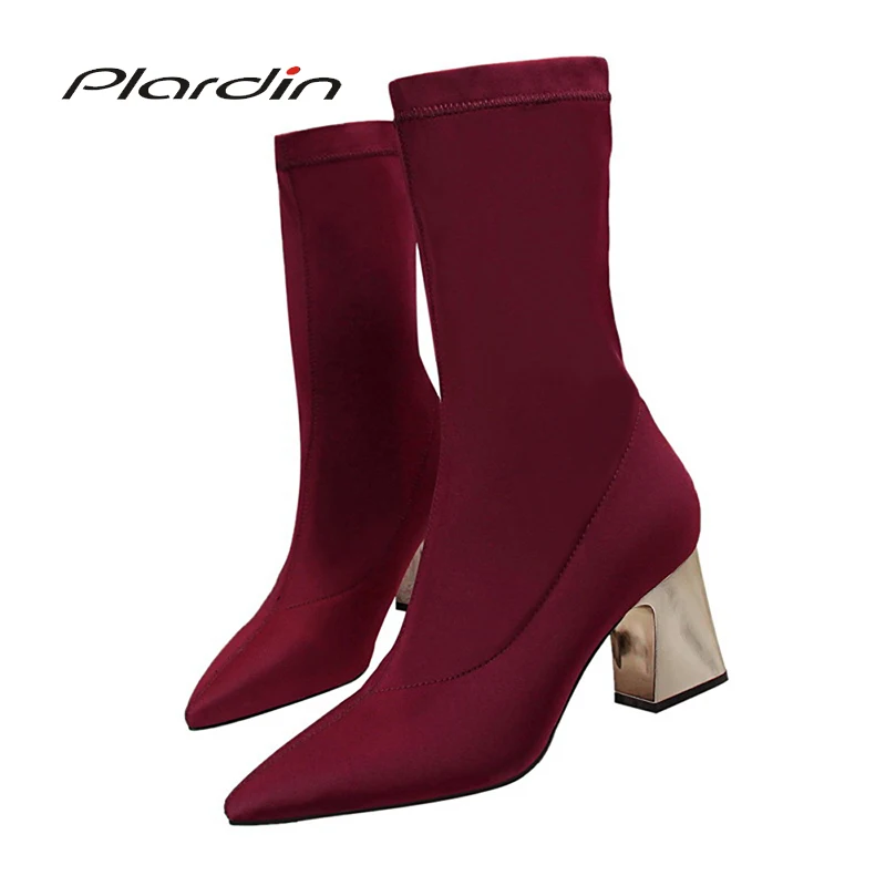 

Plardin Winter Concise Mid-Calf Boots Women Shoes Square Heel Pointed Toe Thin Heels Woman Winter Stretch Fabric Fashion Boots