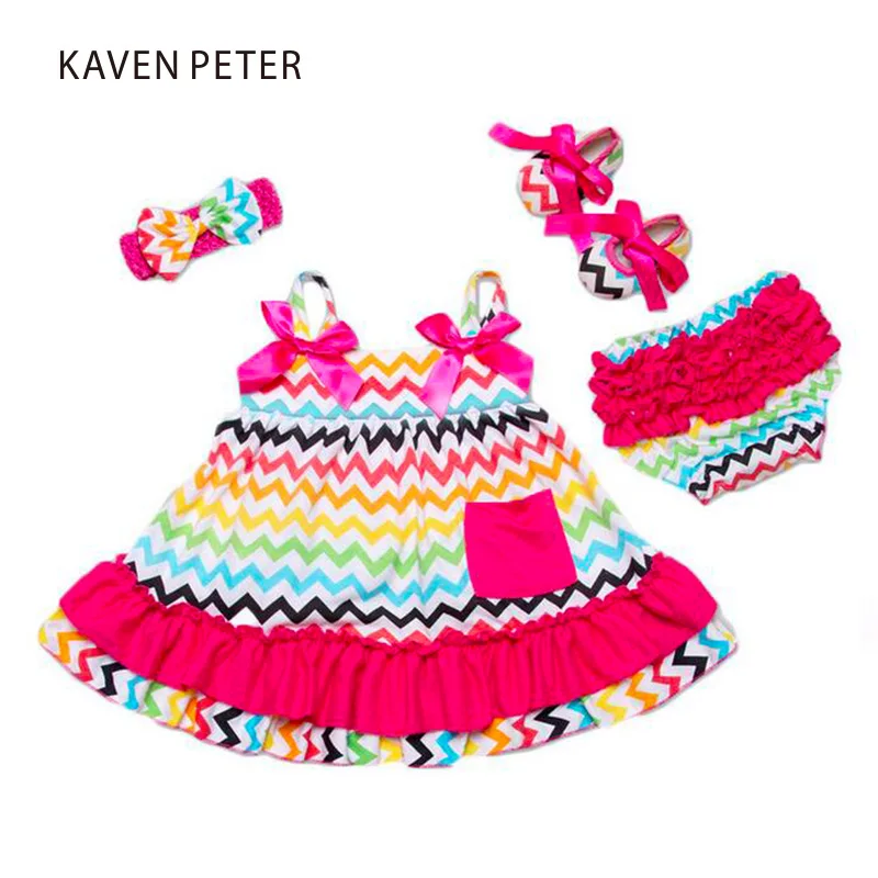 

2017 Summer Baby Dress Infant girl dresses Birthday party Dress Slip Dress under pants hair band and shoes 4 piece a set Vestido