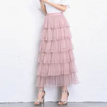 Кружевная юбка с тюлем, женская обувь корейская мода Высокая талия элегантные длинные макси юбка женский черный, розовый сетки Многоуровневое