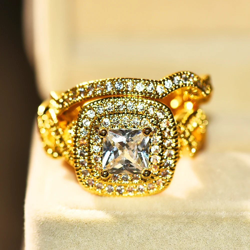 Luxury Female Geometric Bridal Ring Sets 18KT Yellow Gold Filled