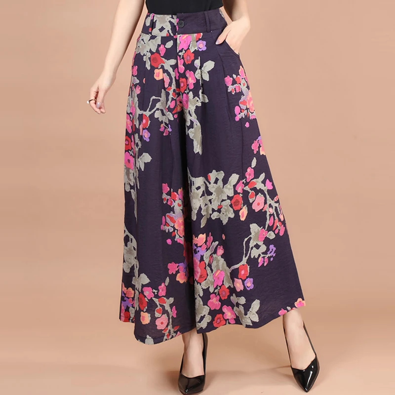Summer Women Printed Flower Pattern Wide Leg Loose Cotton Dress Pants ...