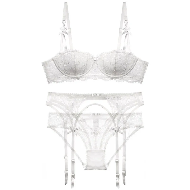Plus Size Women Sexy Lingerie Set Embroidery Half Cup Bra Set Intimates Thin Temptation Black White Bra And Panty With Garters