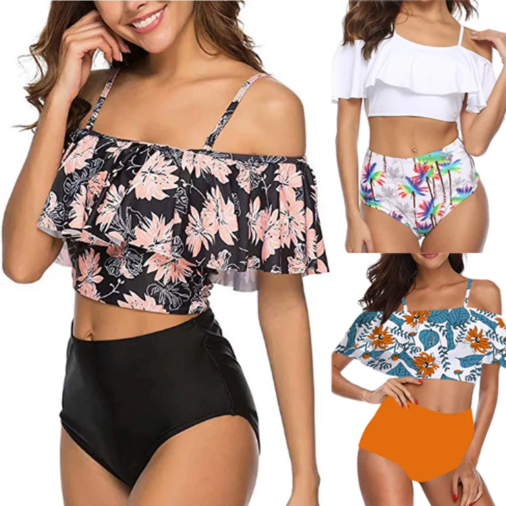

2019 High Waist Swimsuits Ruffles Bikinis Swimming Suit For Womens Push Up Bathing Suits Biquini Plus Size Female Bathing