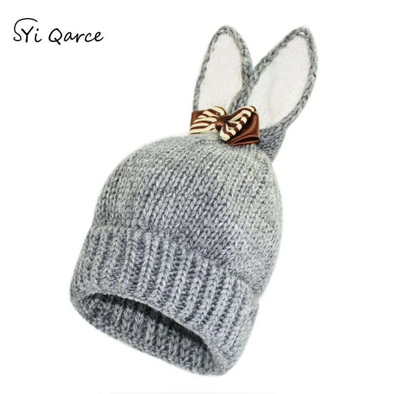 SYi Qarce, детские зимние вязаные шапки Skullies Beanies, шапка с милыми заячьими ушками для мальчиков и девочек 3-6 лет, милая шапка, NM476-82 - Цвет: Gray