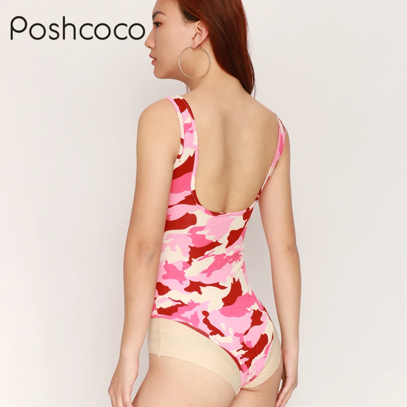 Poshcoco Sexy Cotton Pink Camouflage Women Bodysuits 2018 Spring Summer