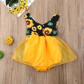 

2019 Summer Princess Patchwork Cute Sleeveless Princess V-neck Party Lace Infant Toddler Baby Girl Sunflower Jumpsuit Bodysuit
