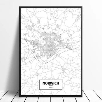 

Norwich, England Black White Custom World City Map Poster Canvas Print Nordic Style Wall Art Home Decor