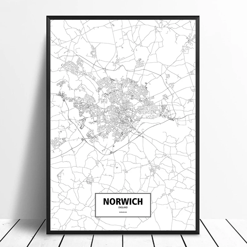 Norwich Англия черный белый цвет на заказ карта городов мира плакат холст печати