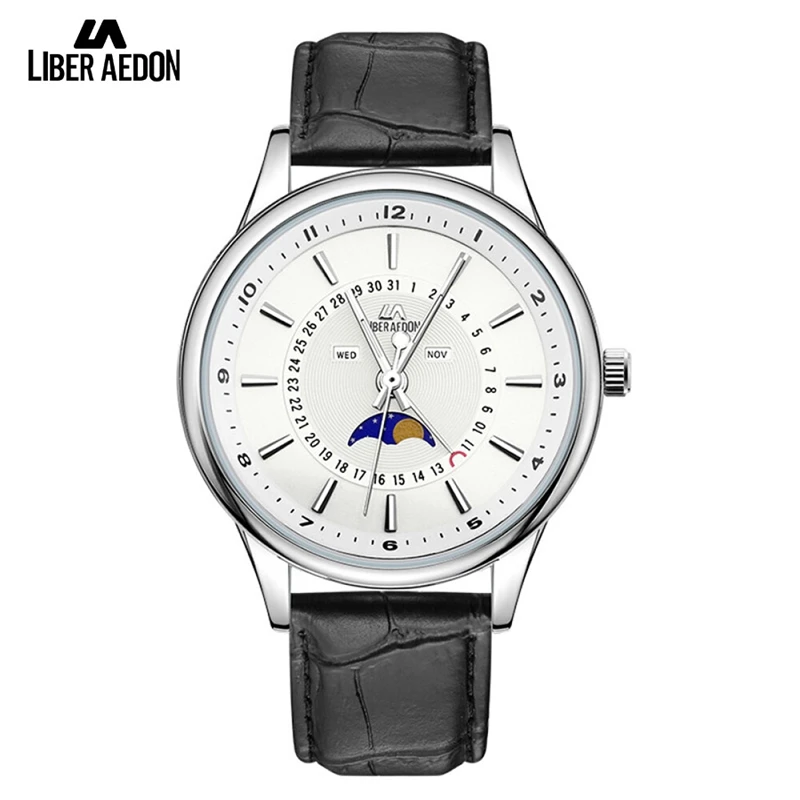 

Liber Aedon Limited Edition Men Watches Moon Phase Calendar Dial Cow Leather Watchband Quartz Wristwatch Wedding gift for men