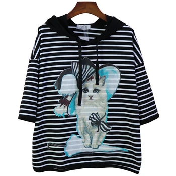 

Large Size Women's Tshirts 2018 New Spring Summer Loose Cotton Hooded Pullovers Cartoon Printing Striped Students T-shirts Loose