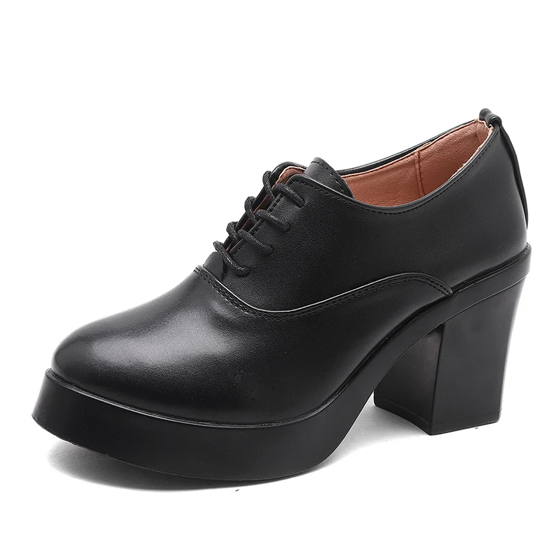 Женская обувь в стиле дерби; обувь с перфорацией типа «броги» на квадратном каблуке из плюша; кожаные туфли на танкетке на высоком каблуке; женская зимняя обувь с мехом; туфли-лодочки - Цвет: 02 black without fur