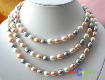 

50" 9-10MM RICE WHITE GRAY PINK FRESHWATER PEARL NECKLACE