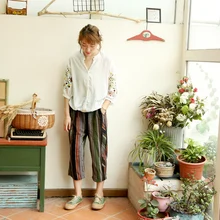 2017 new high quality summer casual pants elastic waist loose fluid capris sauria stripe wide leg pants female