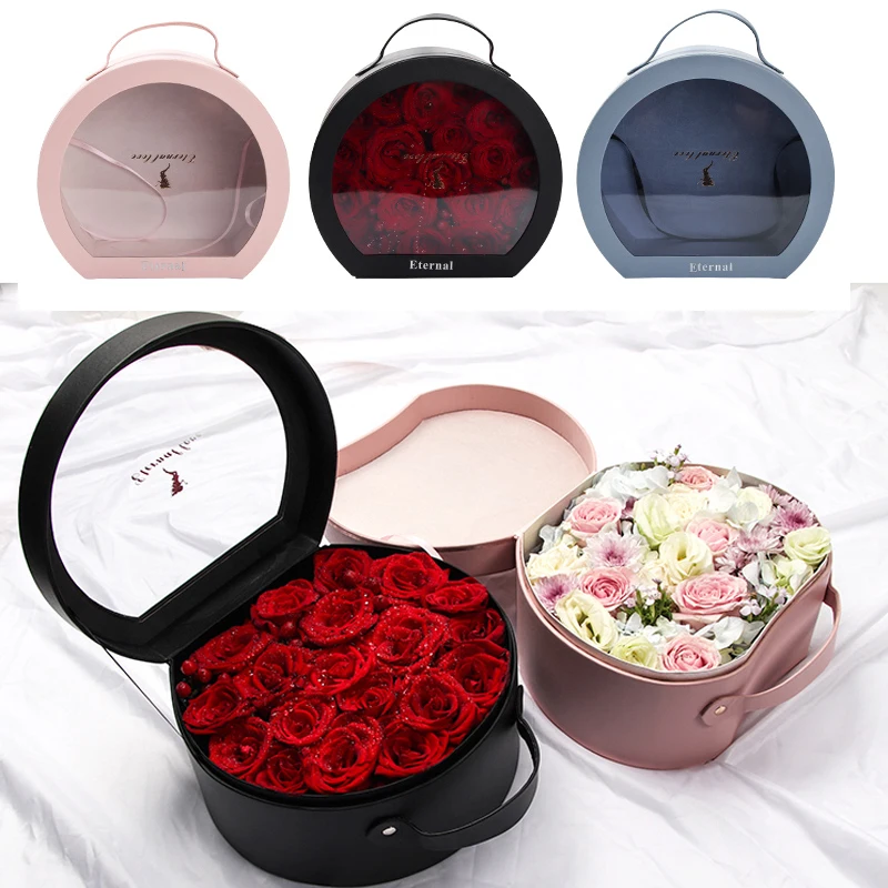 

Transparent Leather Flower Boxes Hug Bucket Bouquet Florist Gift Packing Box Valentine's Day Rose Boxes Wedding Party Decoration