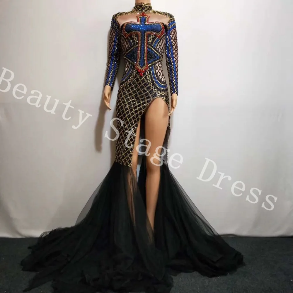 

Sparkly Rhinestone Mesh Feather Dress Women Evening Party Wear Luxurious Dresses Prom Birthday Celebrate Female Singer Costumes