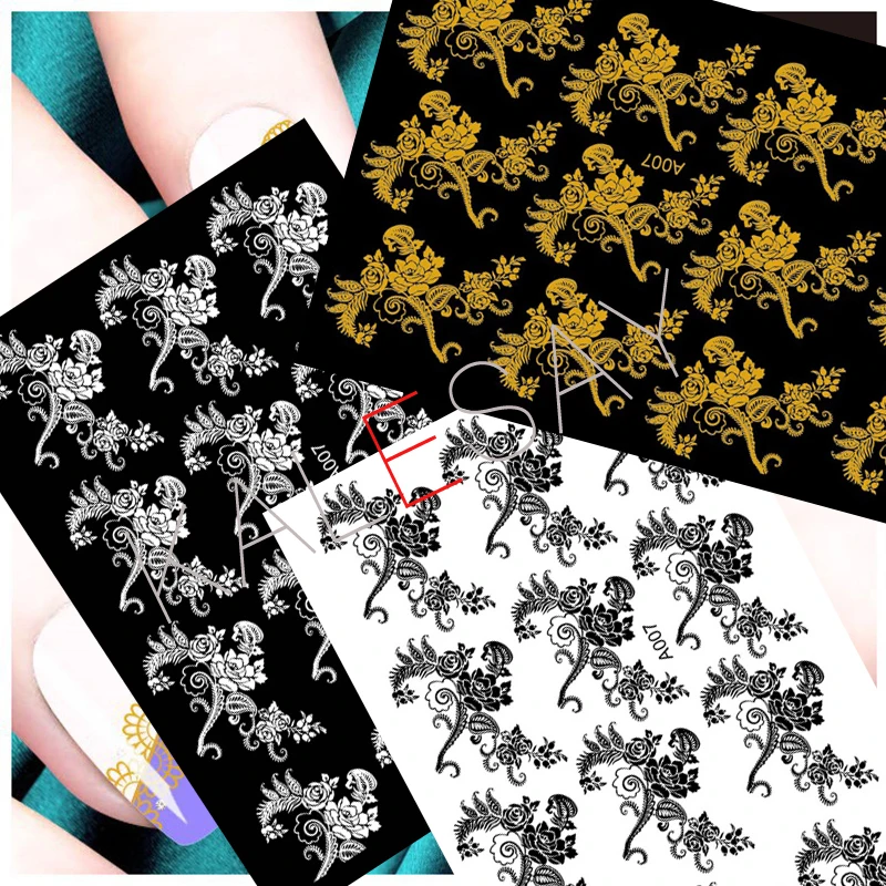 

Big Nail Art Sticker Manicure Design Flower Black Sticker Decal Luxury Design Self Adhesive White Decals Art for Nail Decoration