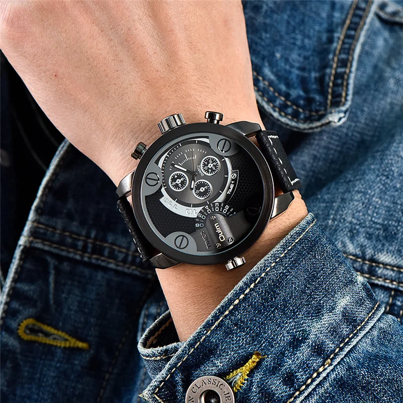  Oulm Military Watches Men Luxury Brand PU Leather Quartz Watch Man Two Time Zone Big Size Male Cloc