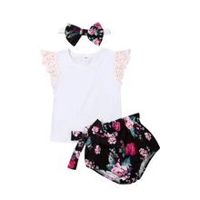 Милые комплекты летней одежды для маленьких девочек белые топы с кружевными рукавами, футболка+ шорты с бантом+ повязка на голову, комплект из 3 предметов