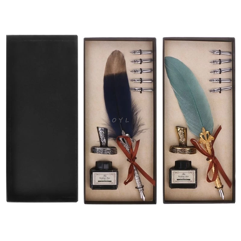 Vintage schwarz rot Quill Dip Pen Feather Pen Tintenfass 5 Nibs Geschenk mit Box 