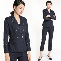 Новое поступление осень Для женщин рабочие модные брючный костюм комплект из 2 частей двубортный в полоску Блейзер Куртки и брюк костюм