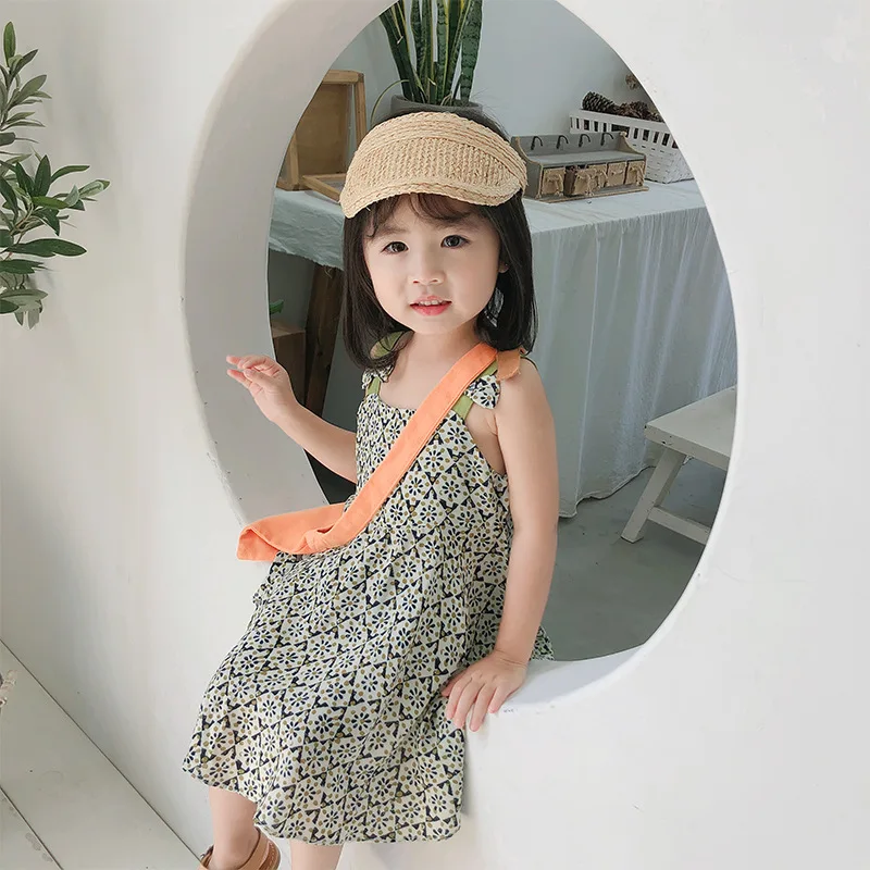 

2019 Summer New Arrival korean style cotton sweet all-match princess suspender dress with bowknot for cute baby girls