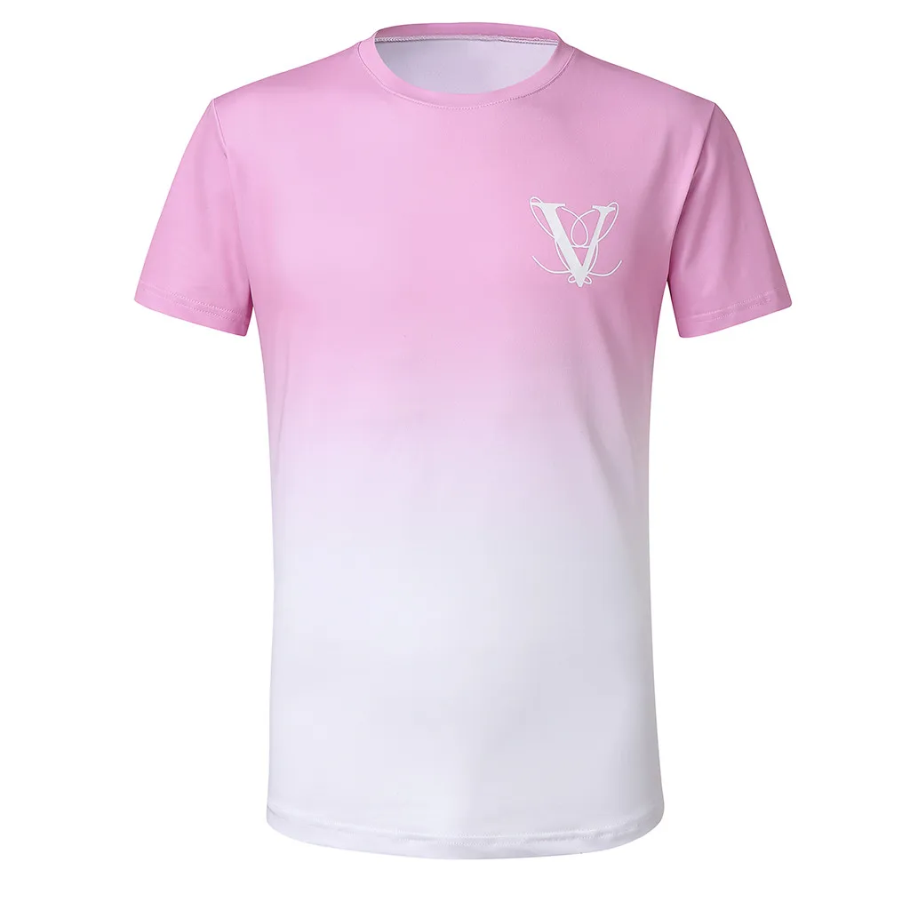 

TX-832 Men's Fashion Round Collar Elastic Gradient Color Elliptical Hem Casual Fitness T-Shirt Short Sleeve Shirt