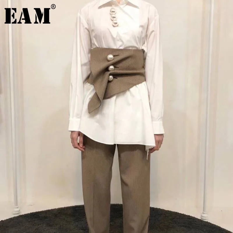 

[EAM] 2019 New Summer Khaki Plaid Irregular Three-dimensional Cut Nailed Fold Wide Belt Women Fashion Tide All-match JF546