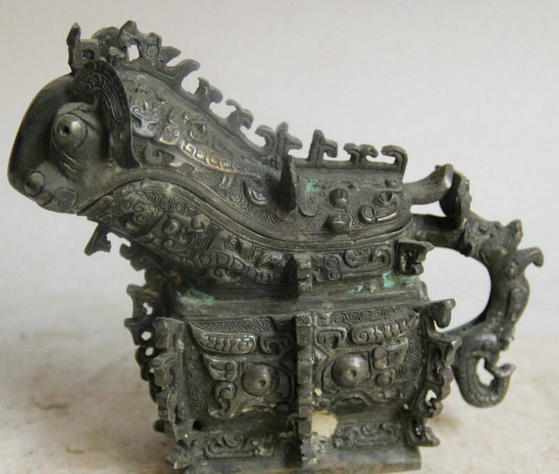 

S2157 6" Old Chinese Bronze Beast handle food vessel kettle Pot Jar Crock Bird Zun D0318